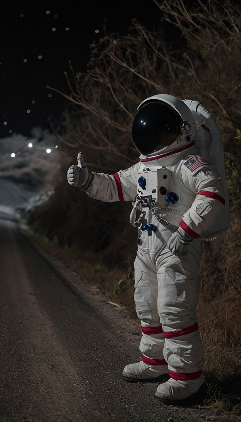 Surreal Astronaut Nighttime Scene on Rural Road Mobile Wallpaper