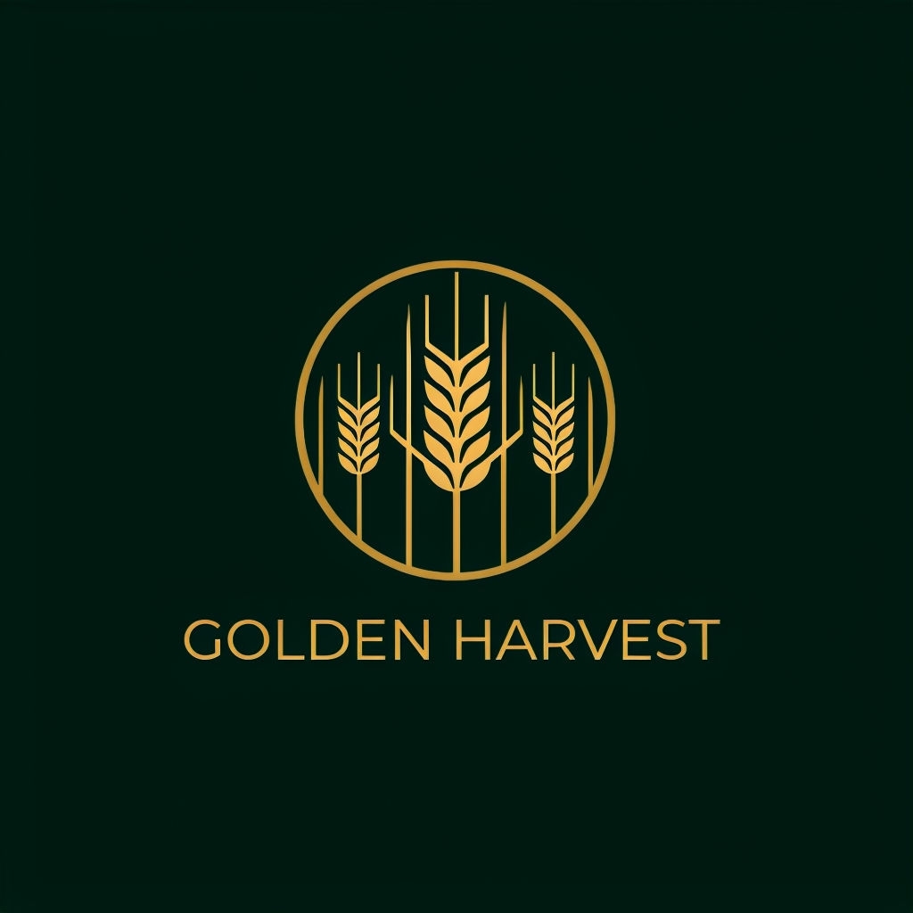 Minimalist Golden Harvest Wheat Logo Design on Dark Green Background