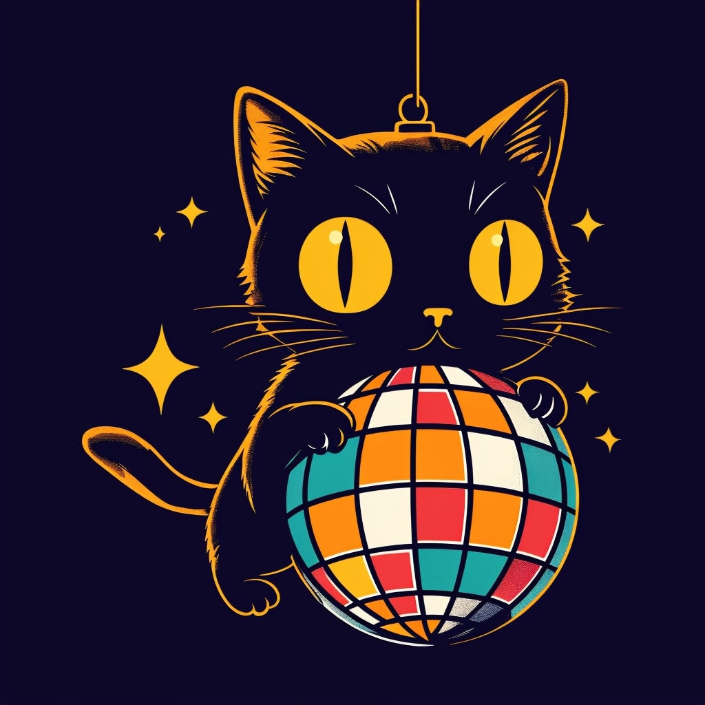Playful Black Cat Climbing Disco Ball Retro Pop Art T-Shirt