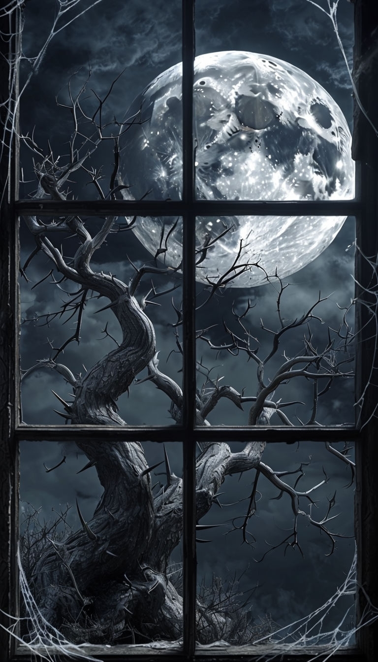 Haunting Full Moon Through Old Window Frame Art Poster