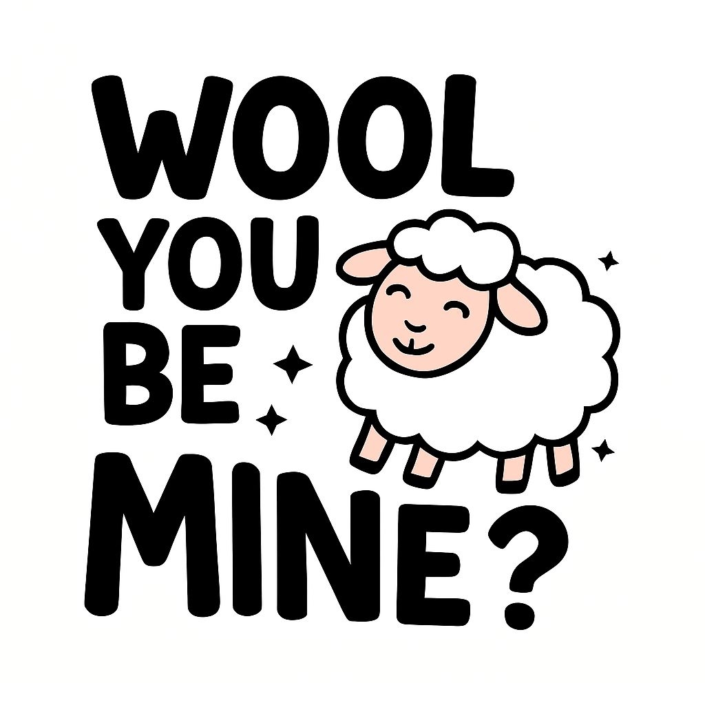 Cheerful Cartoon Sheep with 'Wool You Be Mine?' Text Sticker
