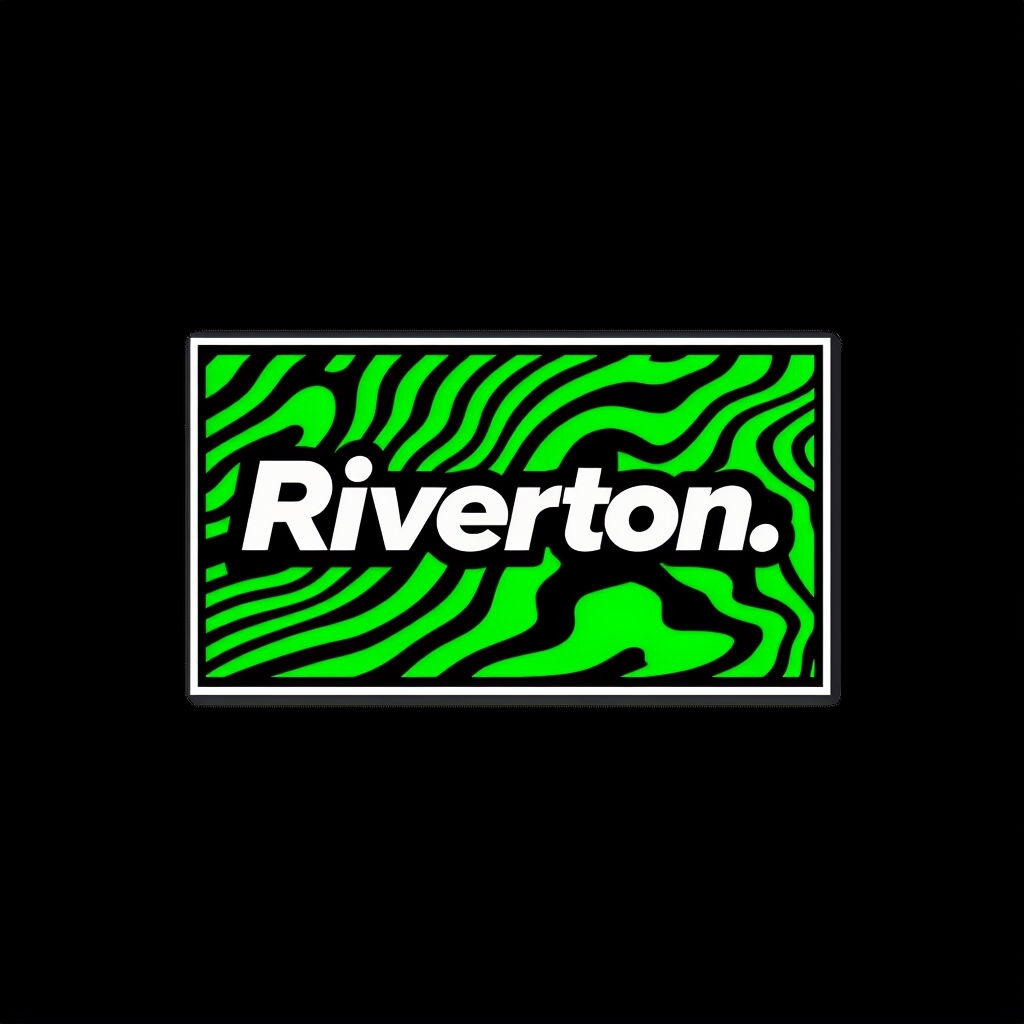 Bold Riverton Text with Neon Green Abstract Patterns Logo