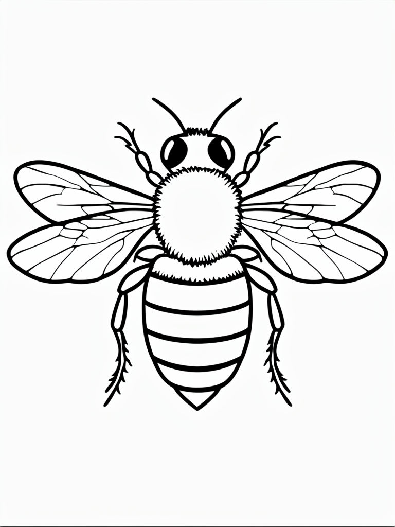 Minimalist Black Outline Bee Drawing for Coloring Book Pages