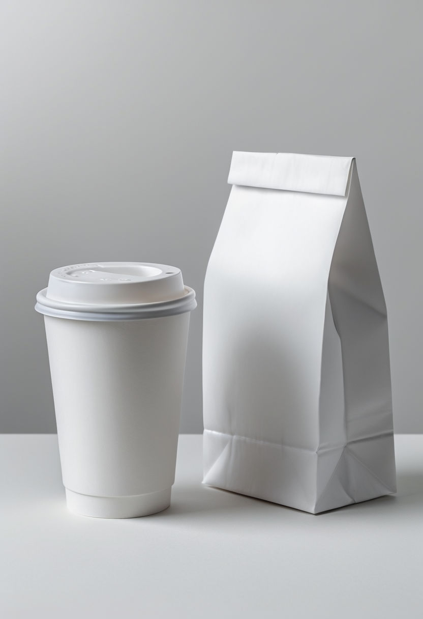 Minimalist White Coffee Cup and Bag Photograph Art