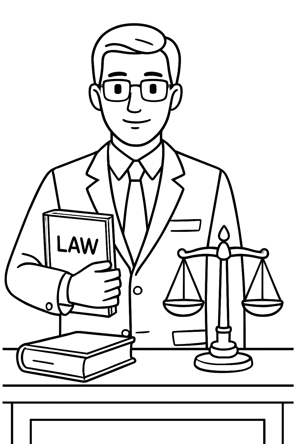 Formal Attire Man Holding Law Book with Justice Scale Coloring Book Pages