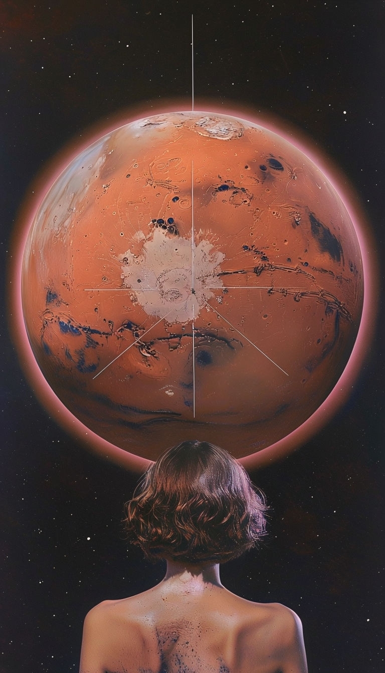 Surreal Contemplative Space Scene with Mars-like Planet Mobile Wallpaper