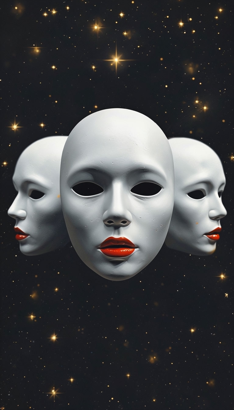 Surreal Cosmic White Masks with Red Lips Digital Artwork Mobile Wallpaper