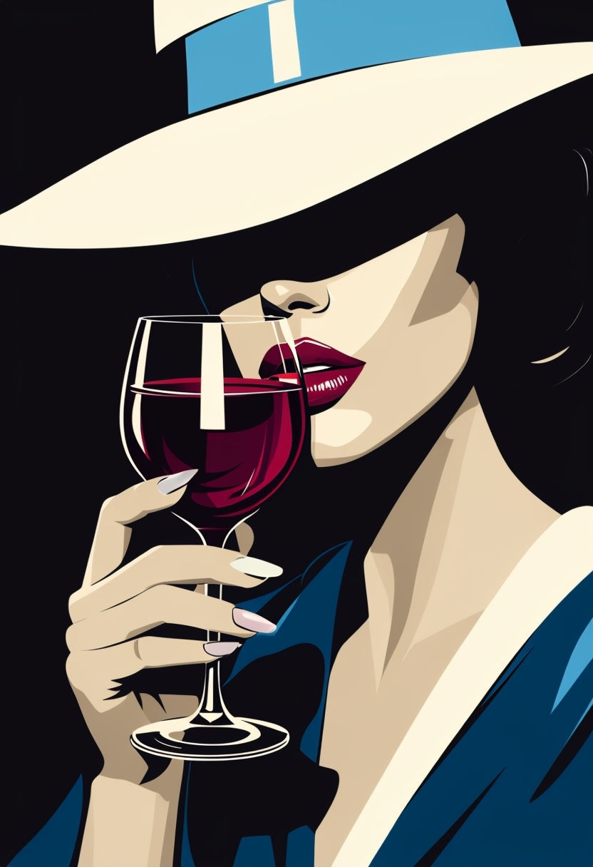 Stylized Mysterious Woman with Wine Glass Vector Art Illustration