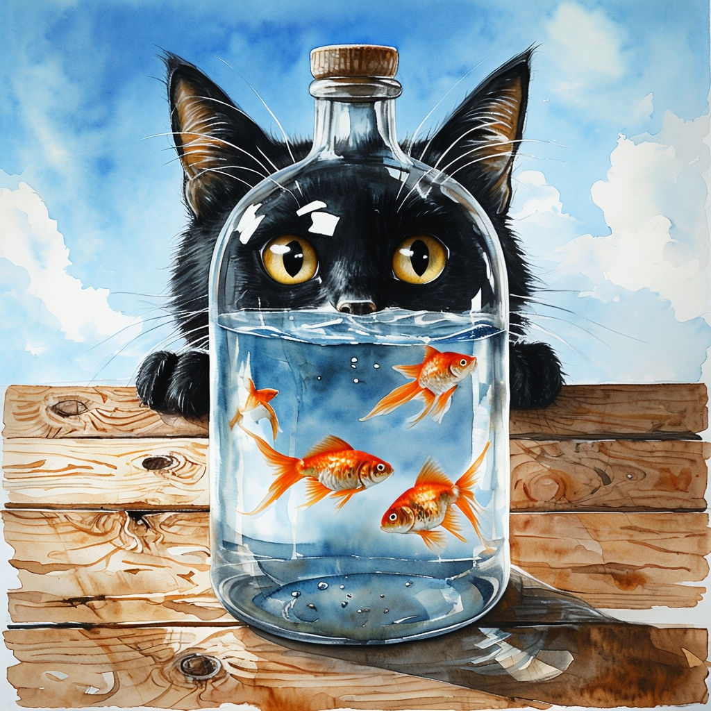 Whimsical Black Cat with Goldfish in Glass Bottle Watercolor Art