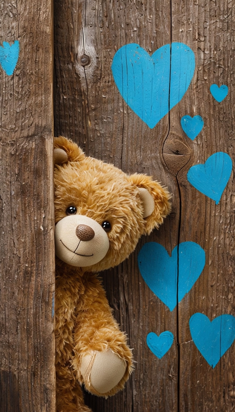 Charming Teddy Bear Peeking from Rustic Wood Background Mobile Wallpaper