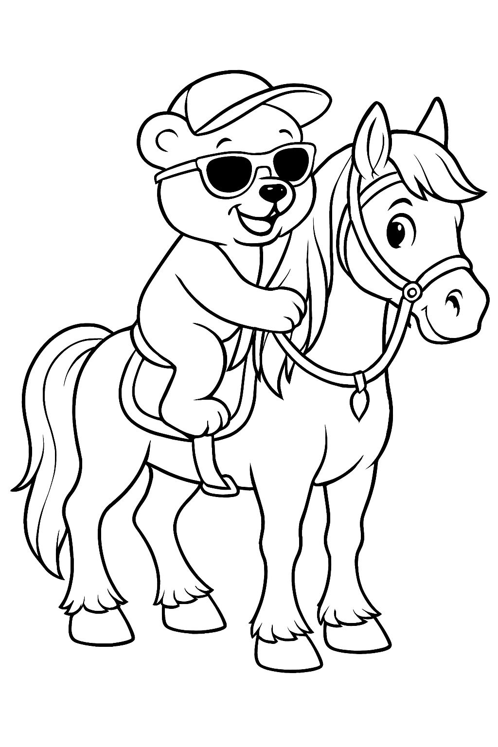 Cheerful Cartoon Bear Riding a Horse Adventure Coloring Page