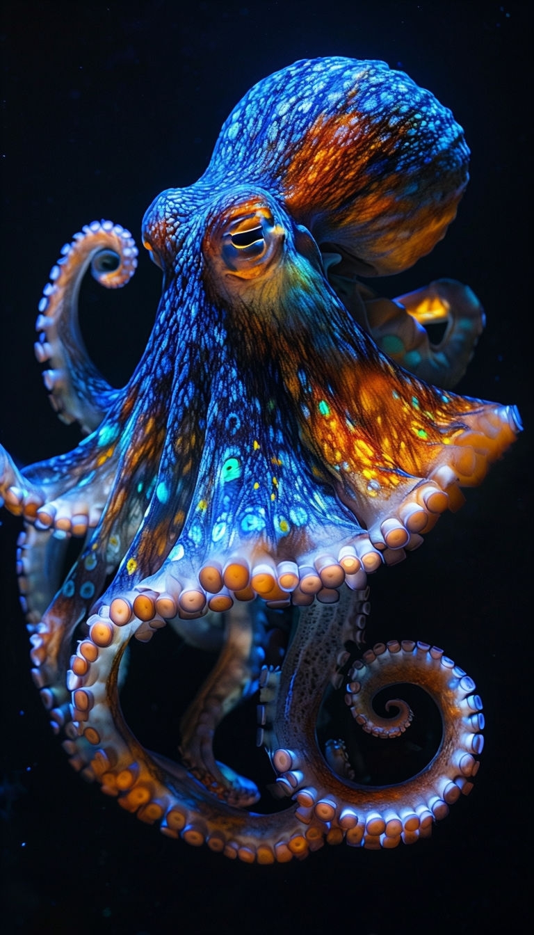 Vibrant Octopus Underwater Photography with Neon Highlights Mobile Wallpaper