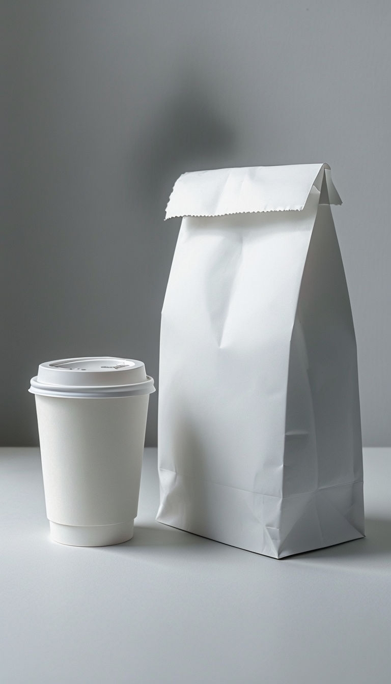 Minimalist White Coffee Cup and Bag Photography Mockup
