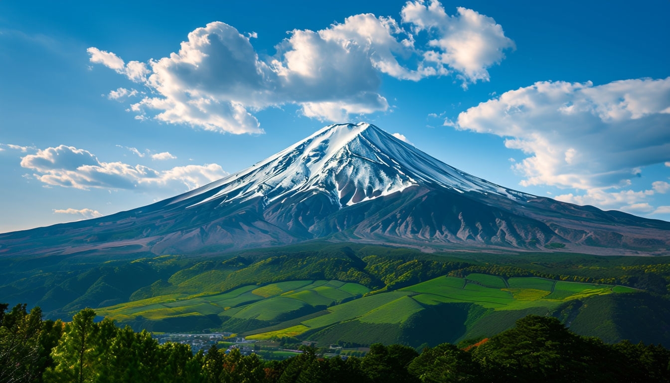 Majestic Mount Fuji Landscape Under Clear Blue Sky Backgrounds