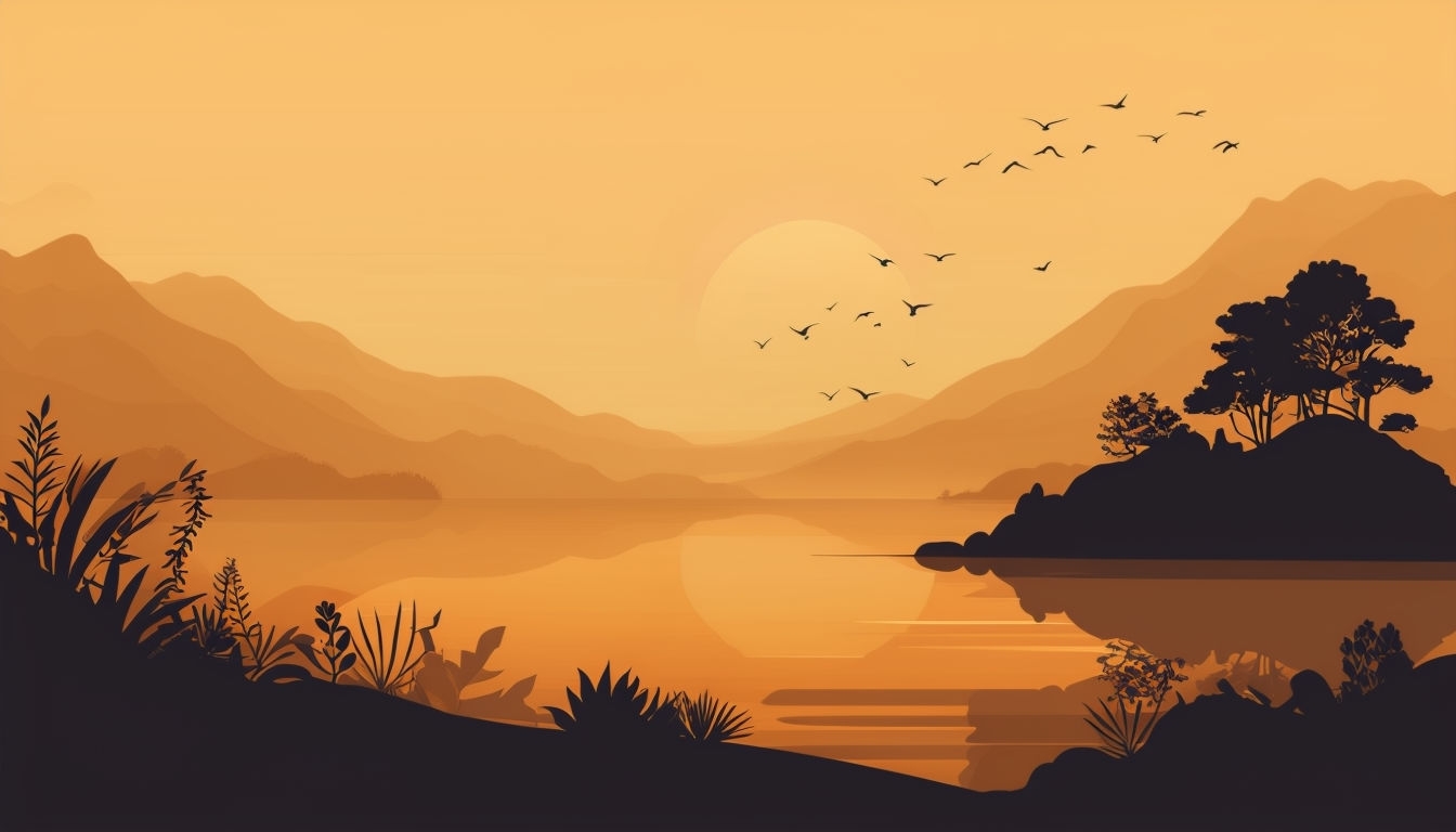 Tranquil Sunset Lake Landscape Illustration for Virtual Backgrounds