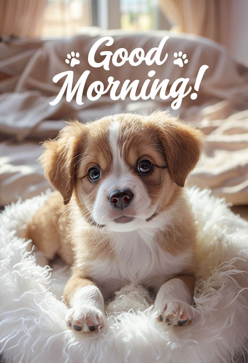 Adorable Fluffy Puppy Good Morning Greeting Poster