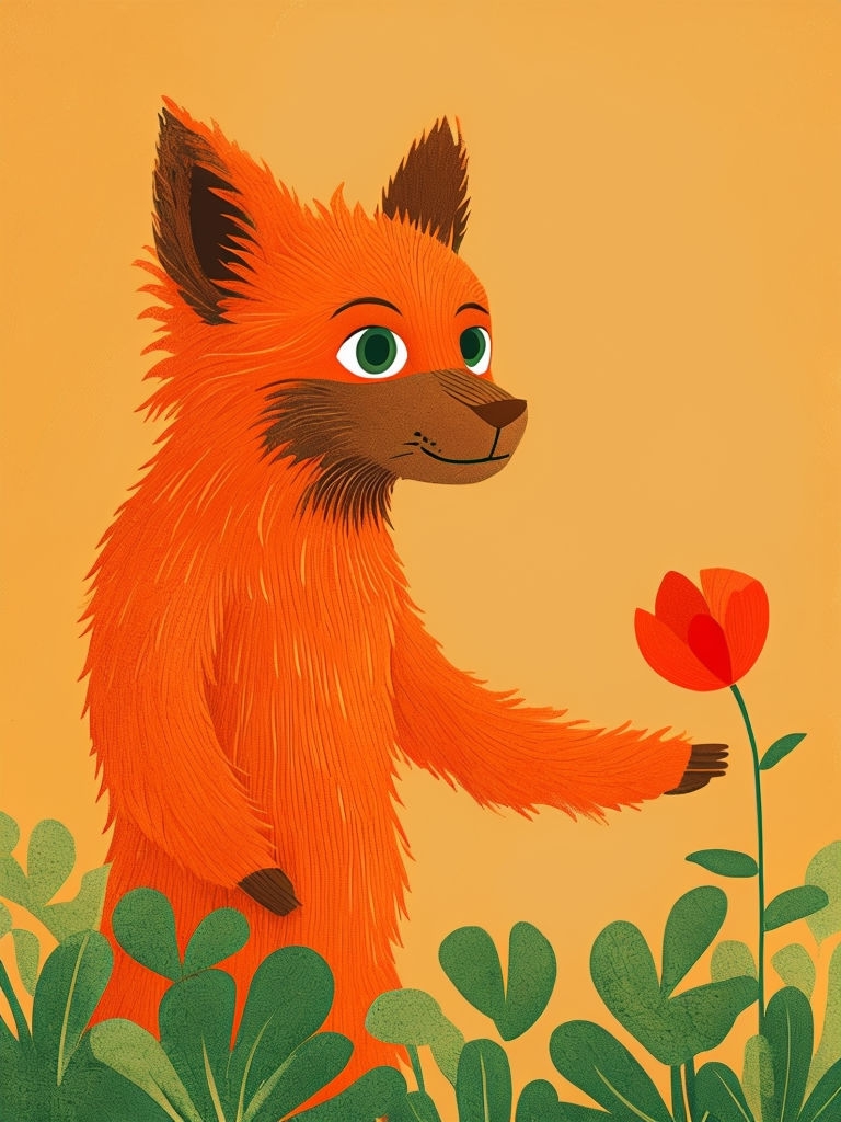 Vibrant Orange Furry Creature with Flower Illustration Art