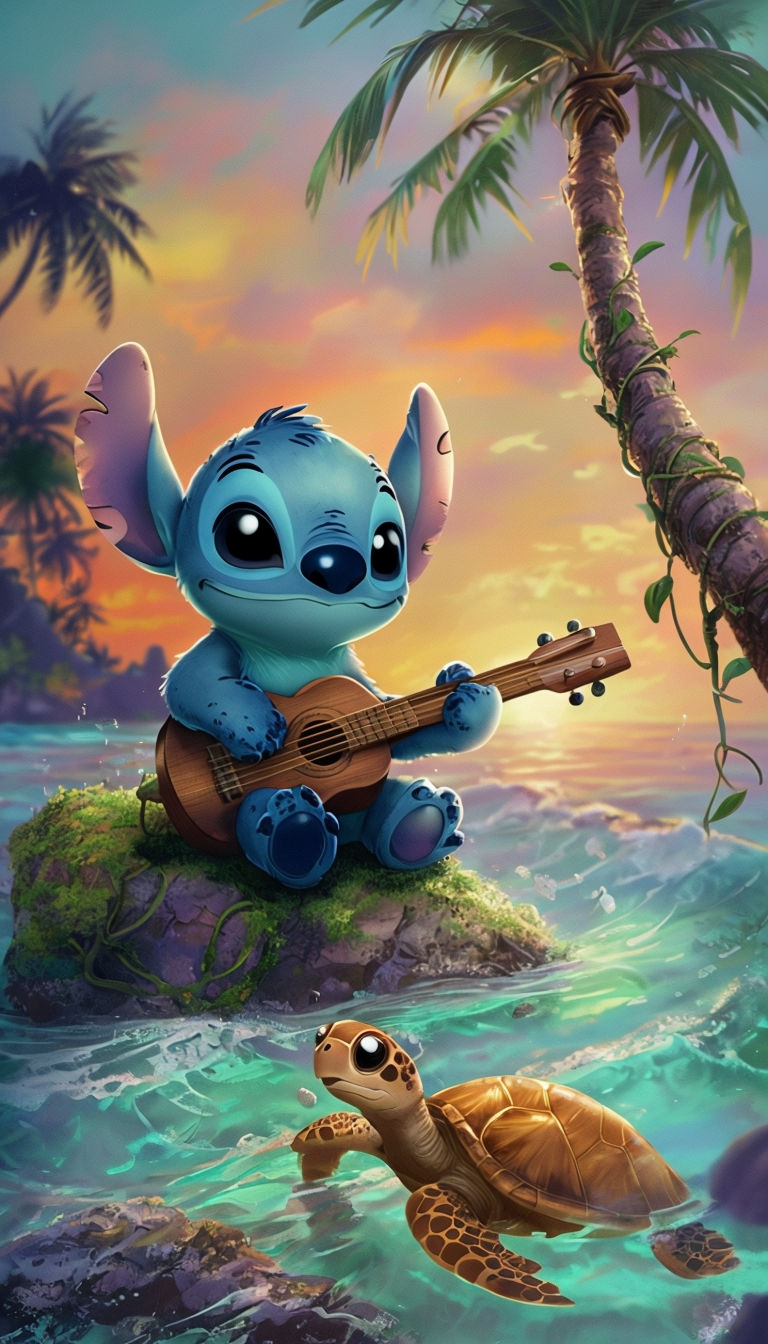 Whimsical Tropical Sunset with Cute Alien Playing Guitar Art