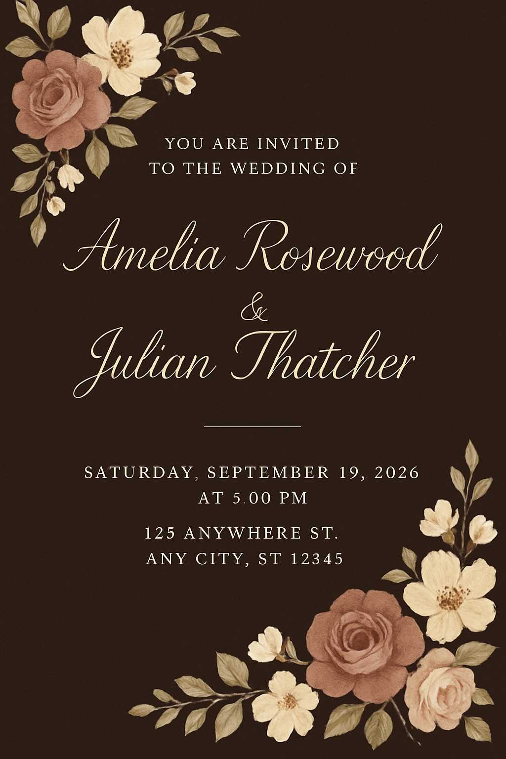 Elegant Floral Wedding Invitation on Dark Brown Background Card