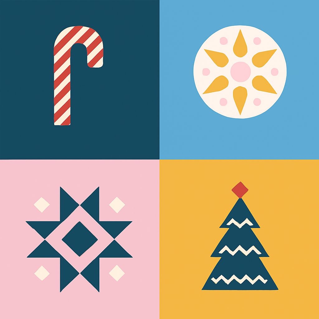 Festive Minimalist 2x2 Grid Design with Candy Cane and Christmas Tree Seamless Pattern