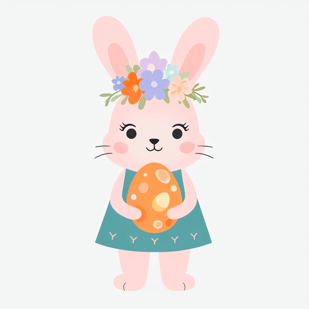 Cute Cartoon Bunny with Floral Crown and Orange Egg Sticker