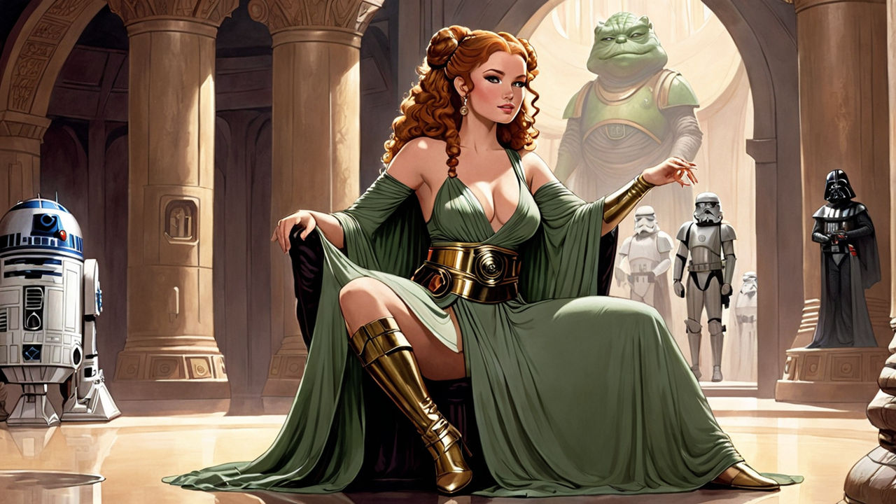 Glamorous and sensual Princess Leia as concubine and slave on a leash held  by Jabba the Hutt