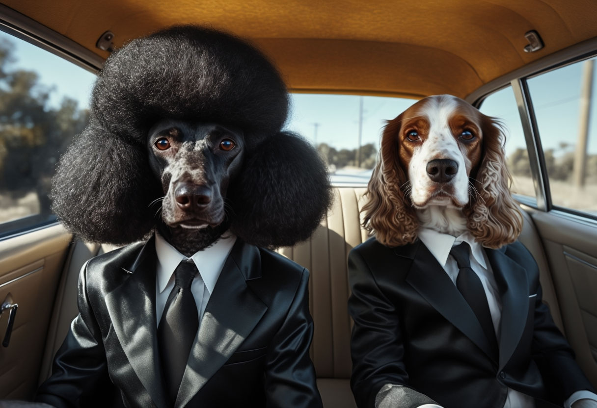 Whimsical Anthropomorphic Dogs in Formal Attire Car Photo Art