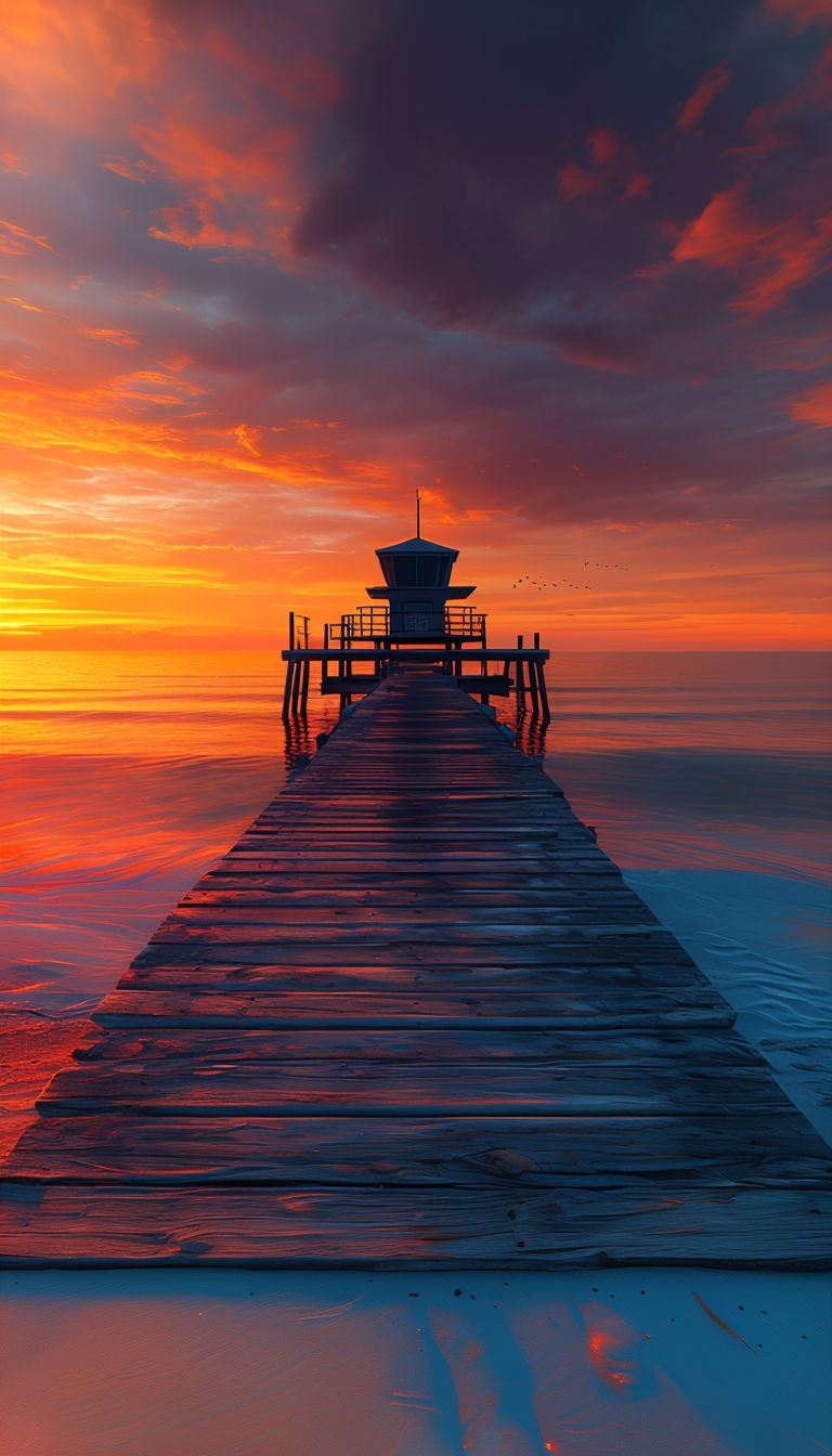Serene Beach Sunset with Wooden Pier and Lifeguard Tower Mobile Wallpaper