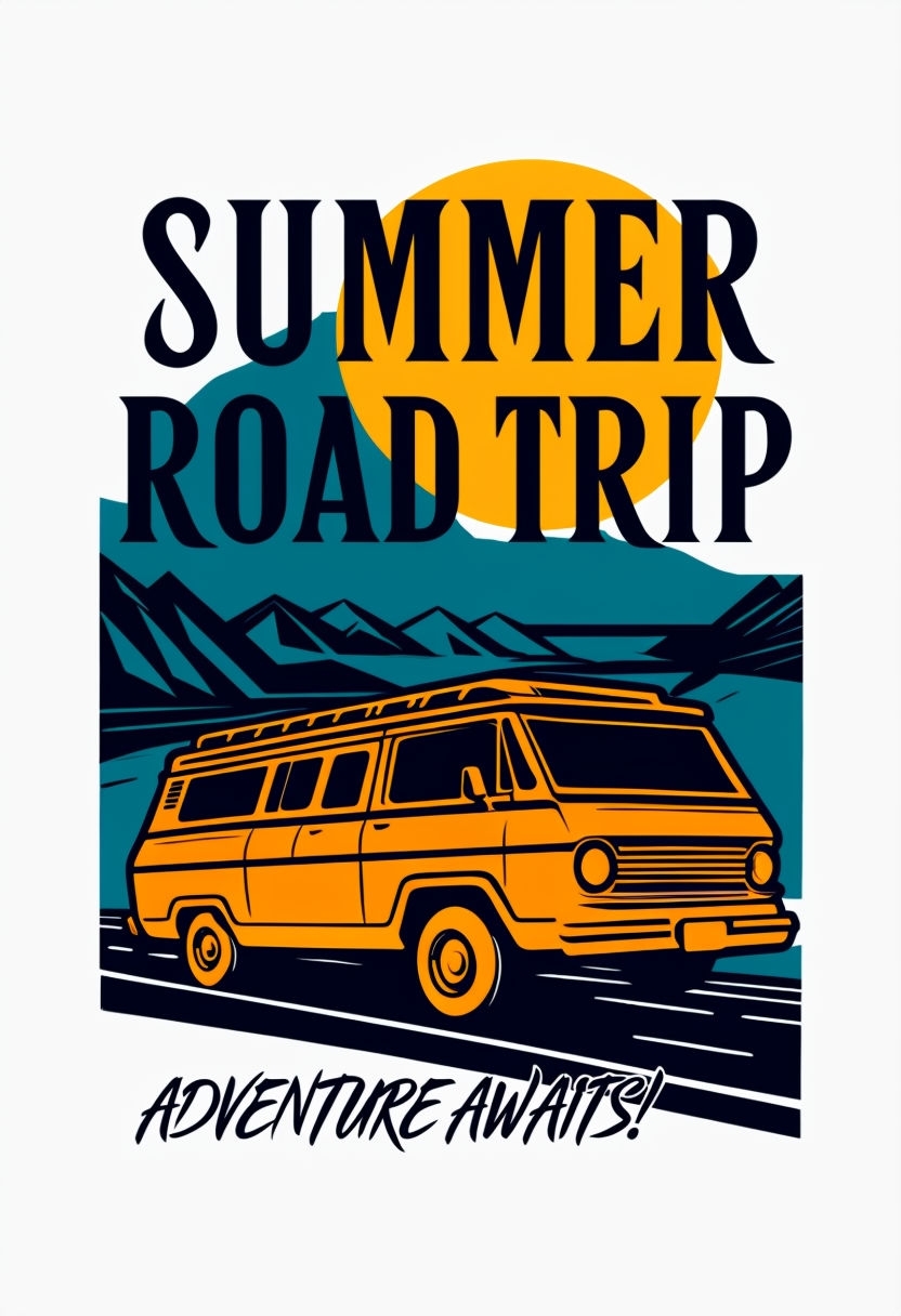 Vibrant Retro Summer Road Trip Graphic Design Poster