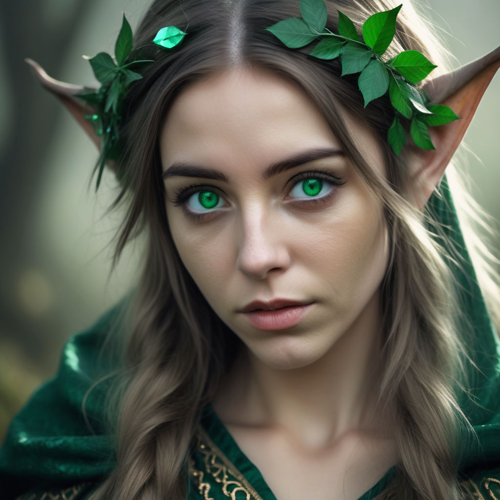 Brown haired green eyed elf girl looking at the camera