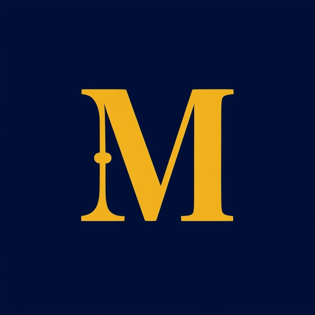 Elegant Navy Blue and Golden Yellow Serif Letter M Monogram