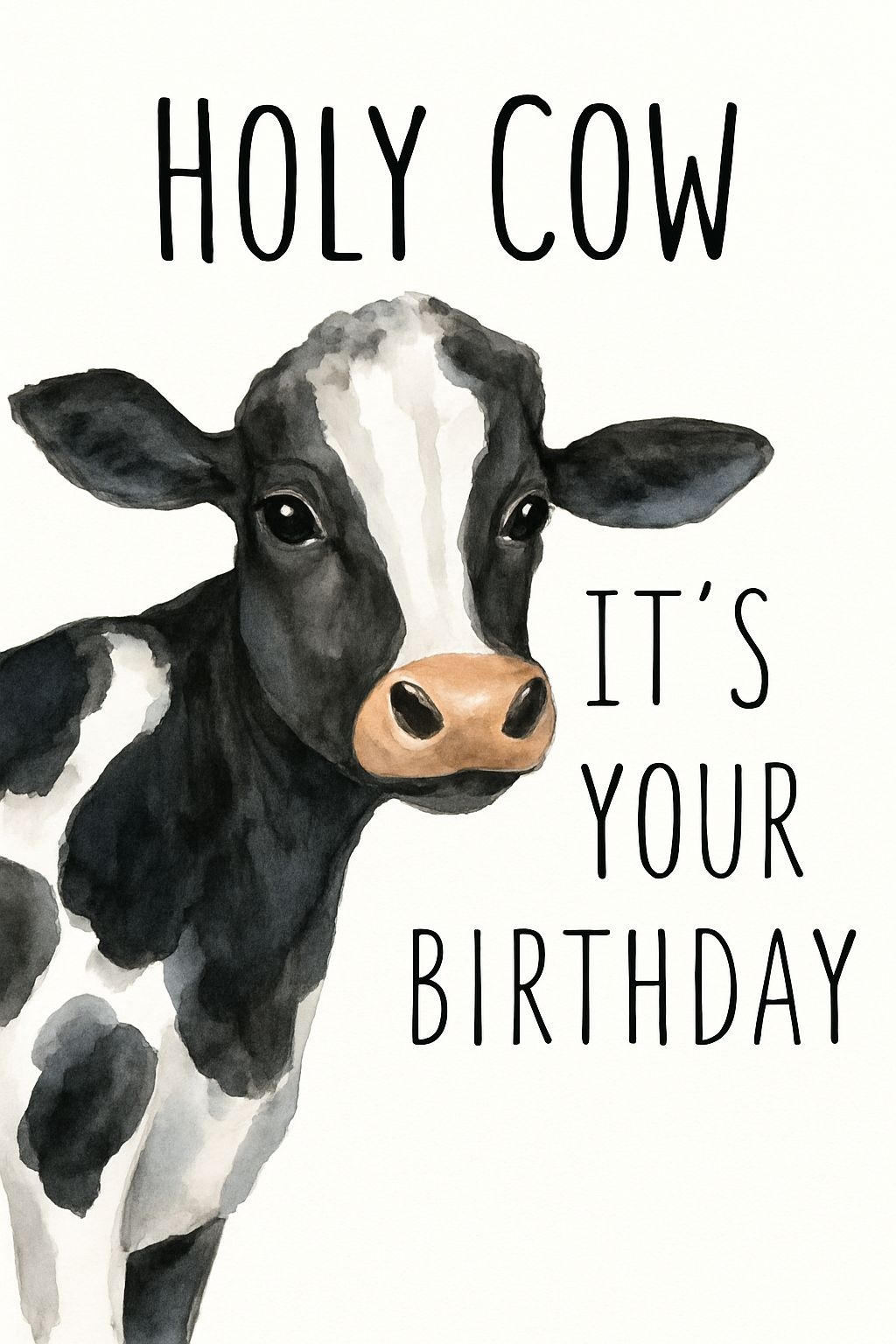Whimsical Watercolor Black and White Cow Birthday Card Design