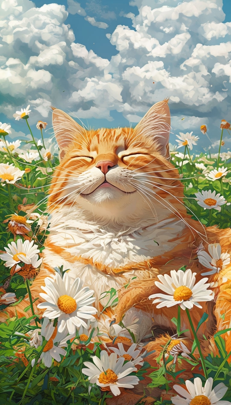 Serene Orange Tabby Cat Among Daisies in Green Meadow Mobile Wallpaper