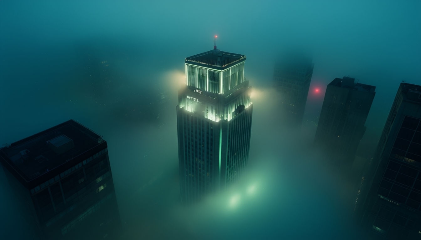 Mysterious Nighttime Cityscape with Fog Virtual Background