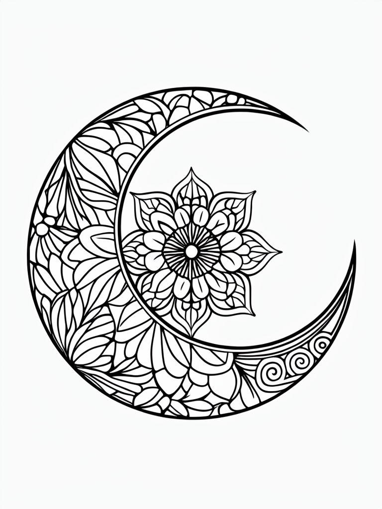 Intricate Mandala Crescent Moon Line Drawing Coloring Page