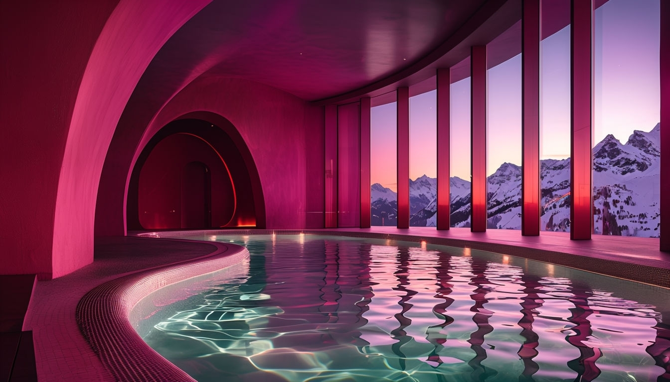 Surreal Indoor Swimming Pool with Sunset and Mountain View Background