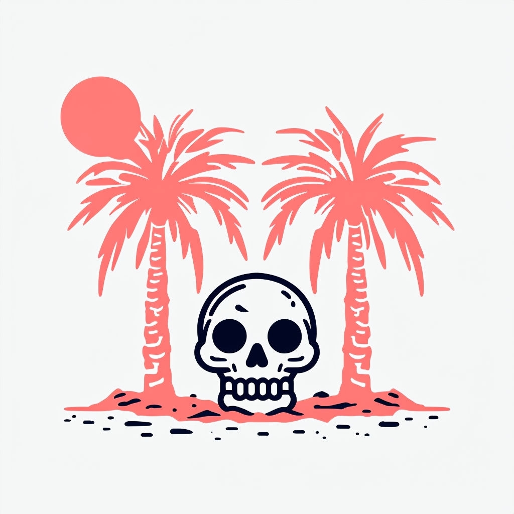 Coral Pink Palm Trees and Skull Minimalist Art Illustration