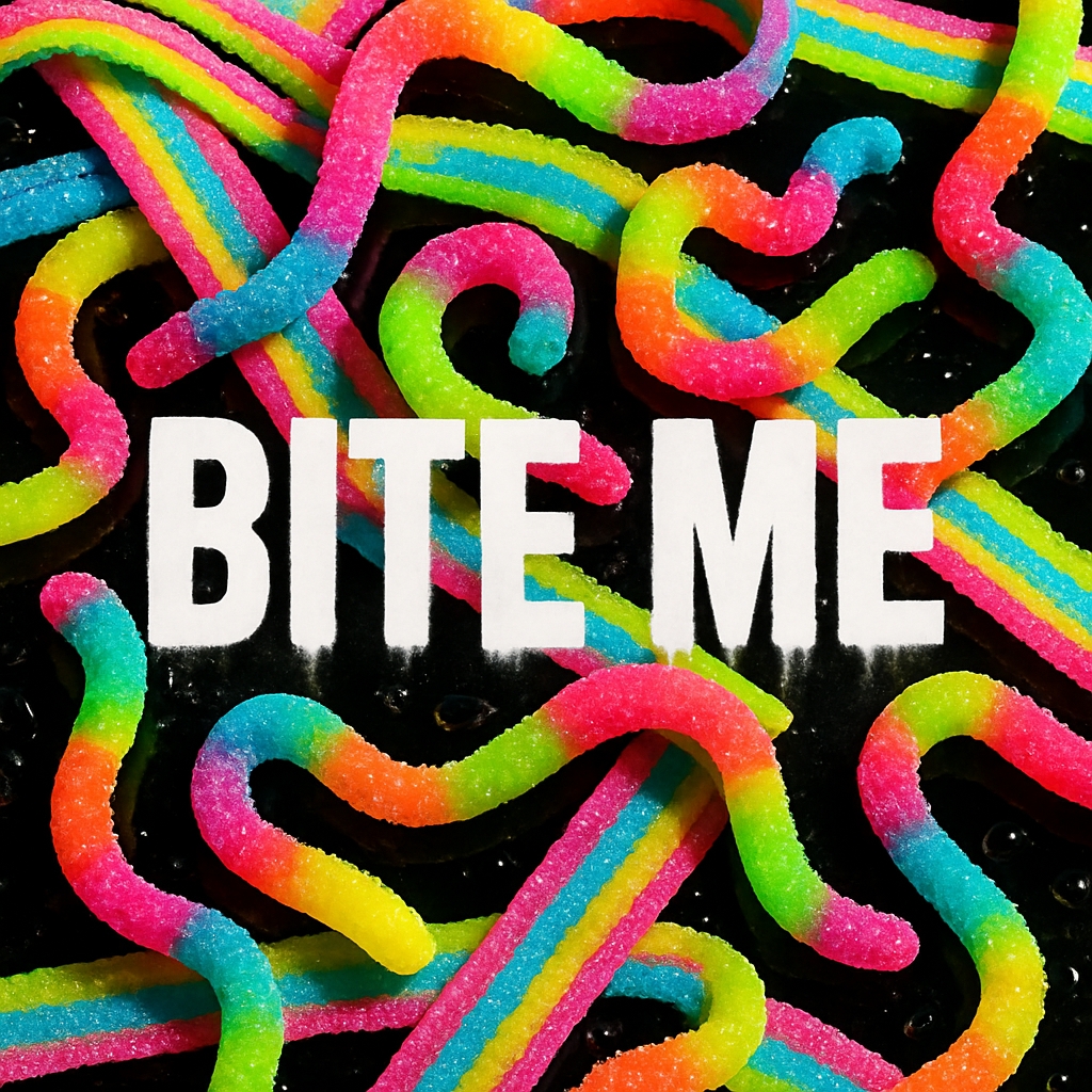 Vibrant Gummy Worms with 'BITE ME' Text Album Cover for Spotify Album Cover