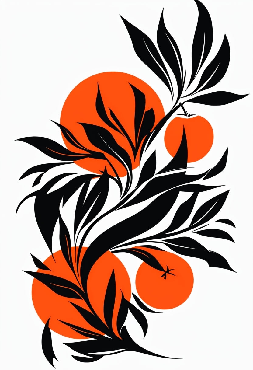 Dynamic Abstract Orange and Leafy Branch Graphic Art