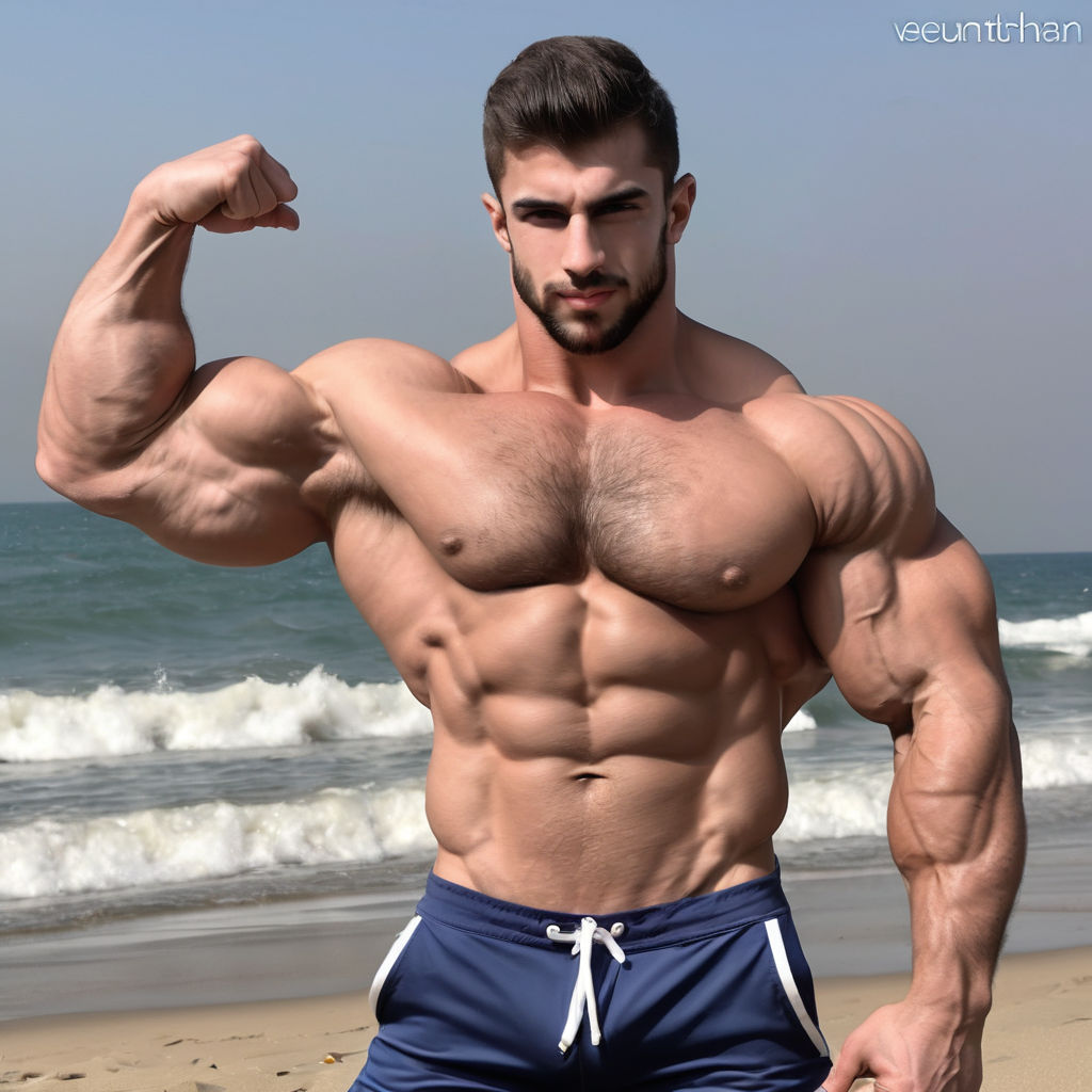 muscular gay arab man looking at the camera at the beach