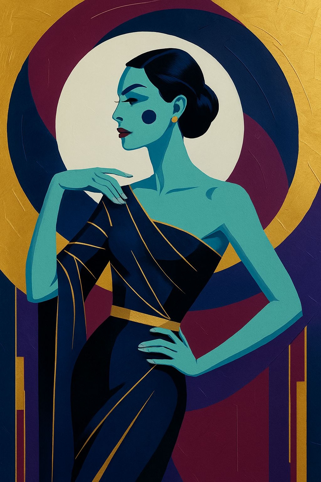 Elegant Art Deco Portrait of Woman with Blue-Green Skin Tone Art