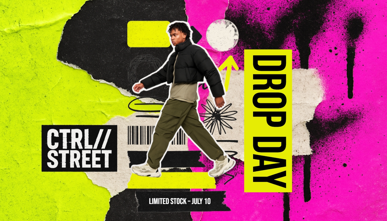 Dynamic Streetwear Promotion Graphic with Edgy Urban Aesthetic Art