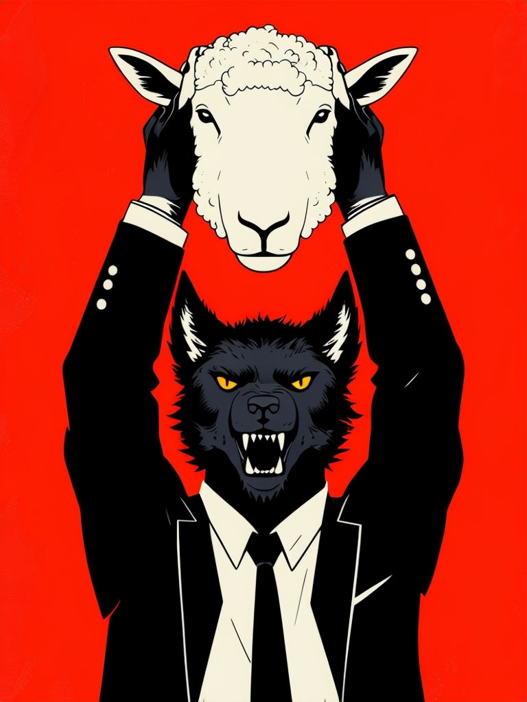 Surreal Black Wolf in Suit Holding Sheep Head Digital Art Poster