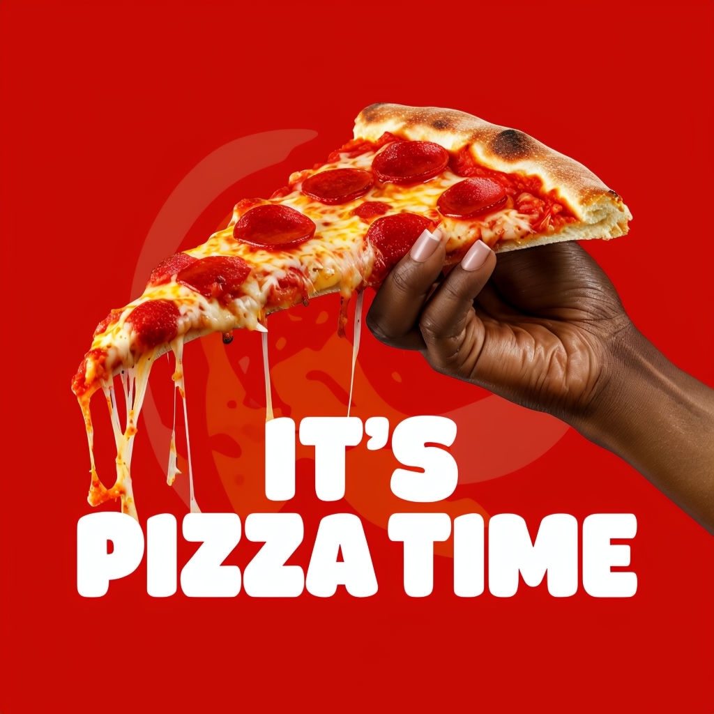 Vibrant Pizza Time Advertisement with Hand Holding Slice Social Media Post