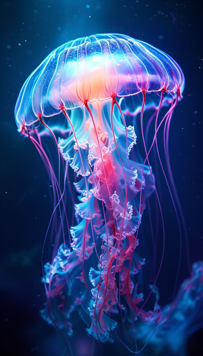 Luminous Jellyfish Floating in Deep Ocean with Bioluminescent Glow Mobile Wallpaper