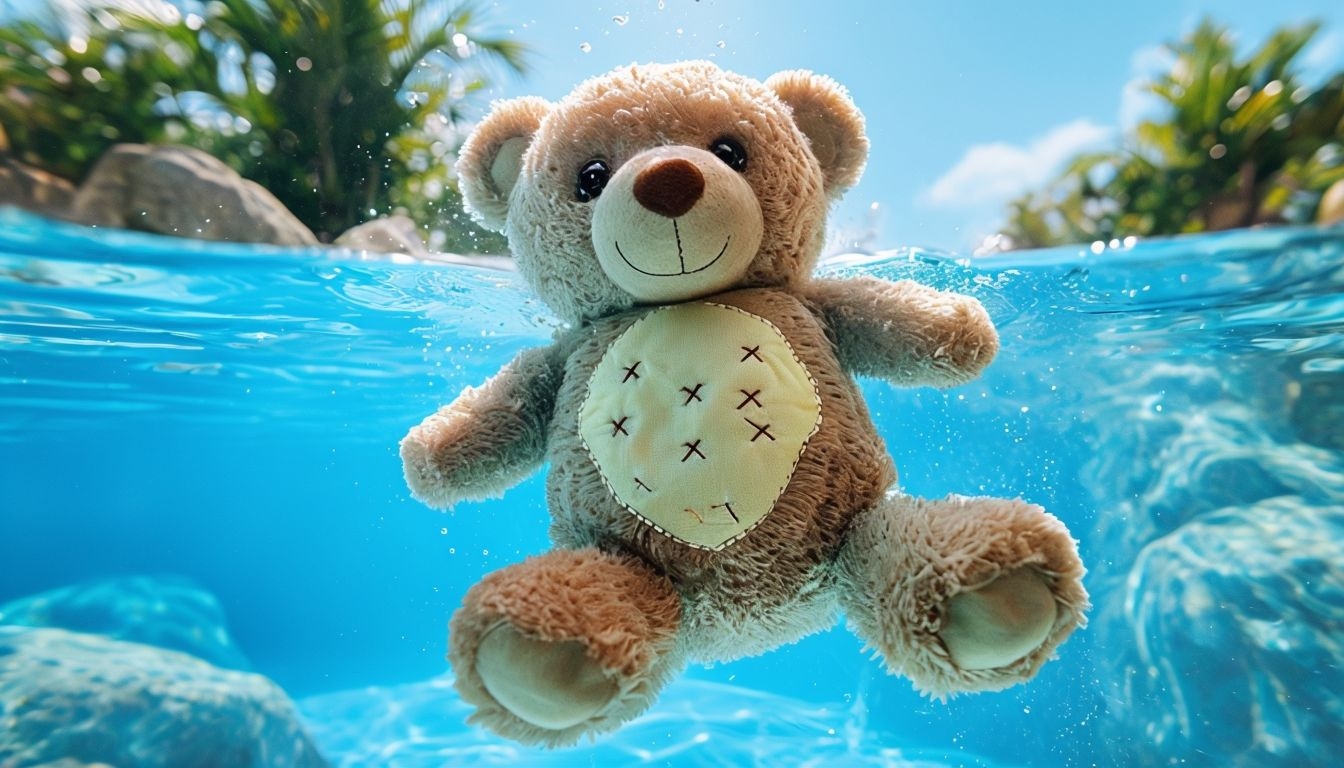 Charming Plush Teddy Bear in Turquoise Water Virtual Background