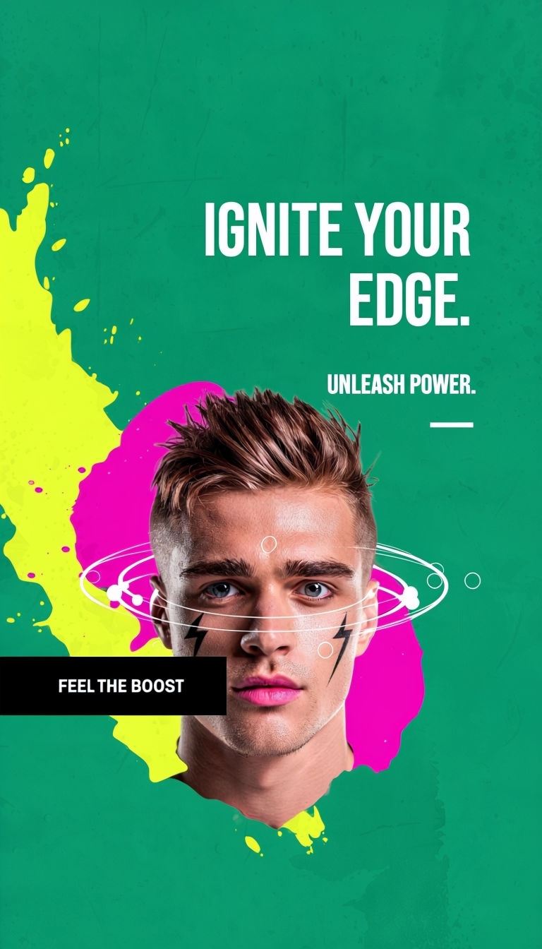 Vibrant Emerald Green Advertisement with Energetic Young Man Ads