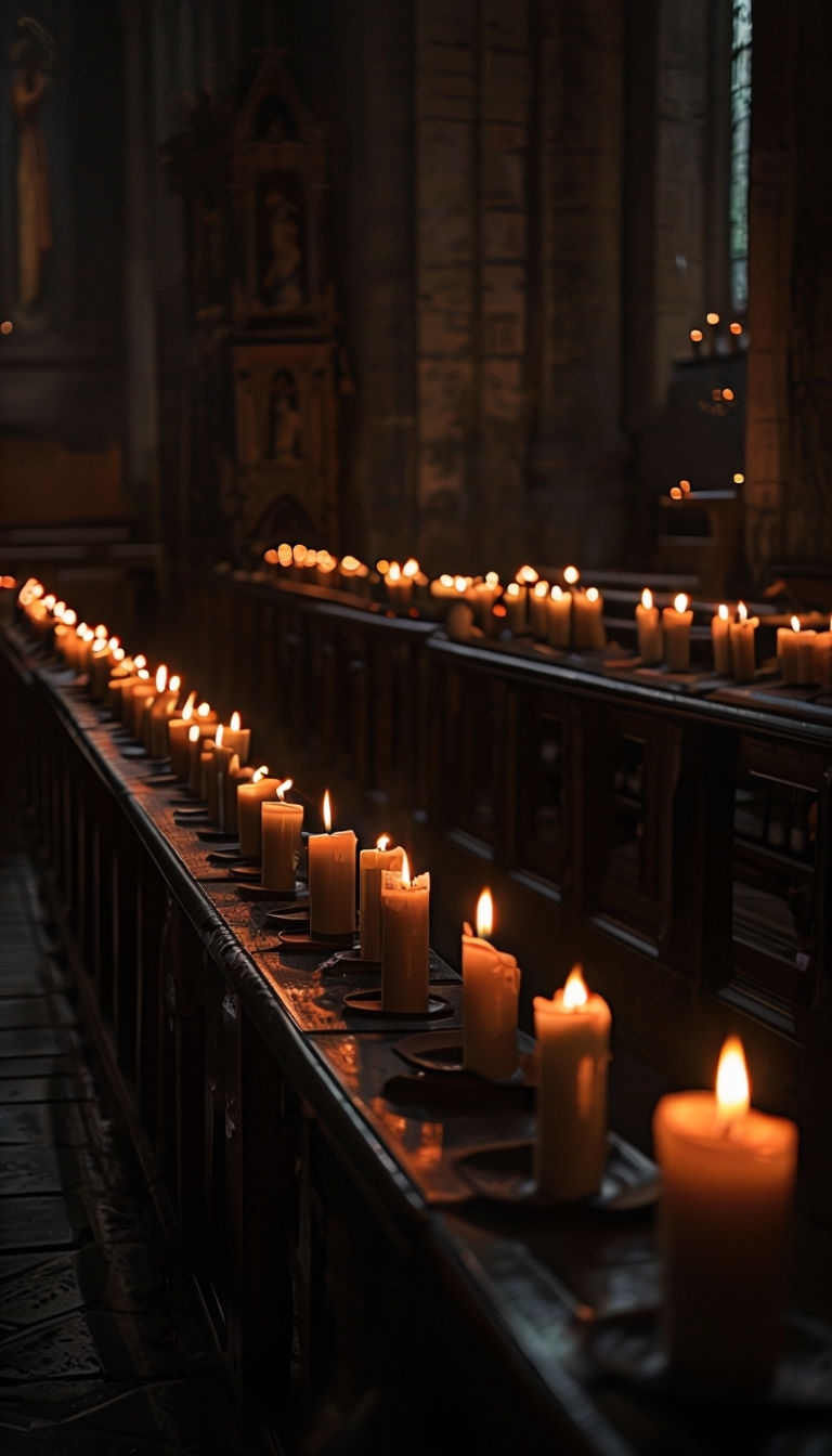 Flickering Candles in Dark Chapel with Divine Light Mobile Wallpaper