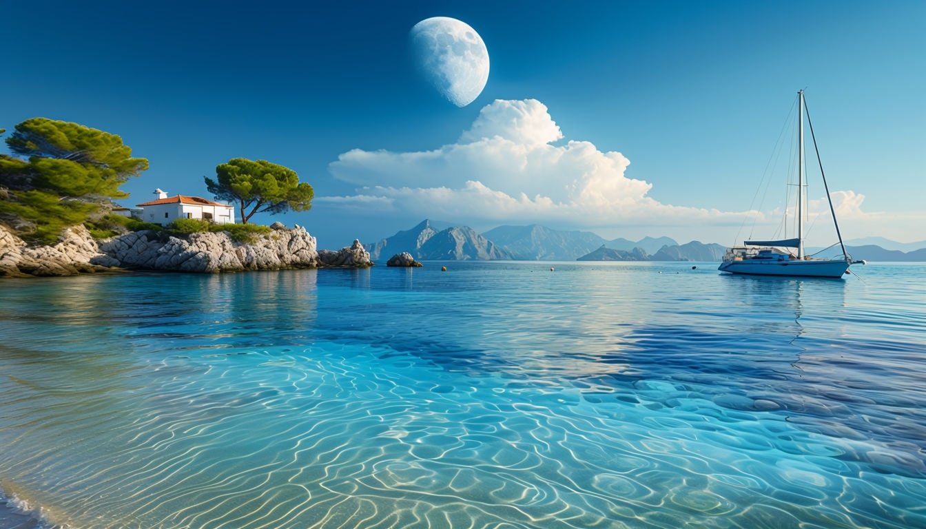 Tranquil Coastal Landscape with Sailboat and Crescent Moon Virtual Background
