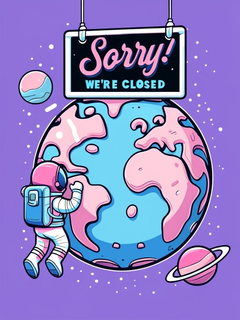 Whimsical Earth Illustration with "Sorry! WE'RE CLOSED" Sign Event Sign